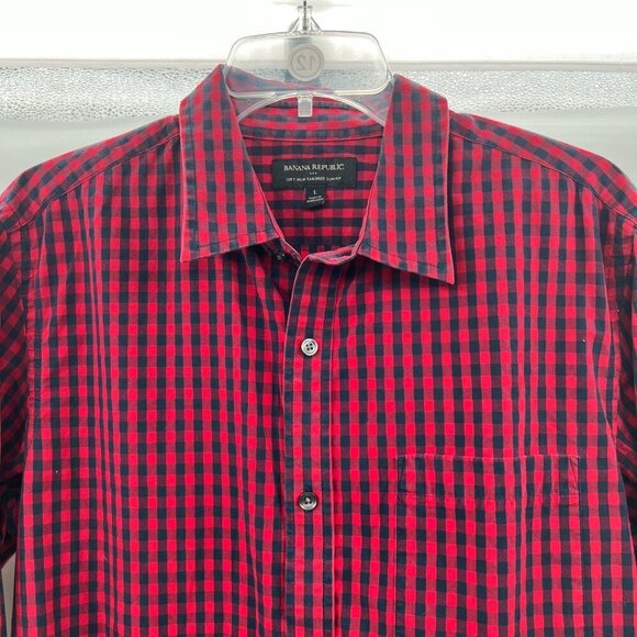 Banana Republic Men's Tailored Slim Fit Button Up Shirt Red/Blue Check Large - Picture 2 of 9